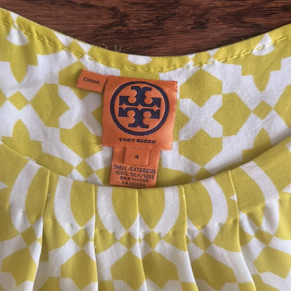 Tory Burch Signature Print Yellow Silk Sleeveless Blouse Size 4